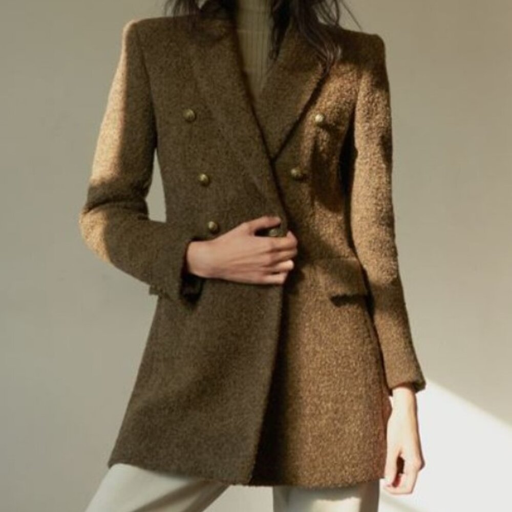 ZARA Long Double -Breasted Boucle Blazer Jacket Green Wool blend